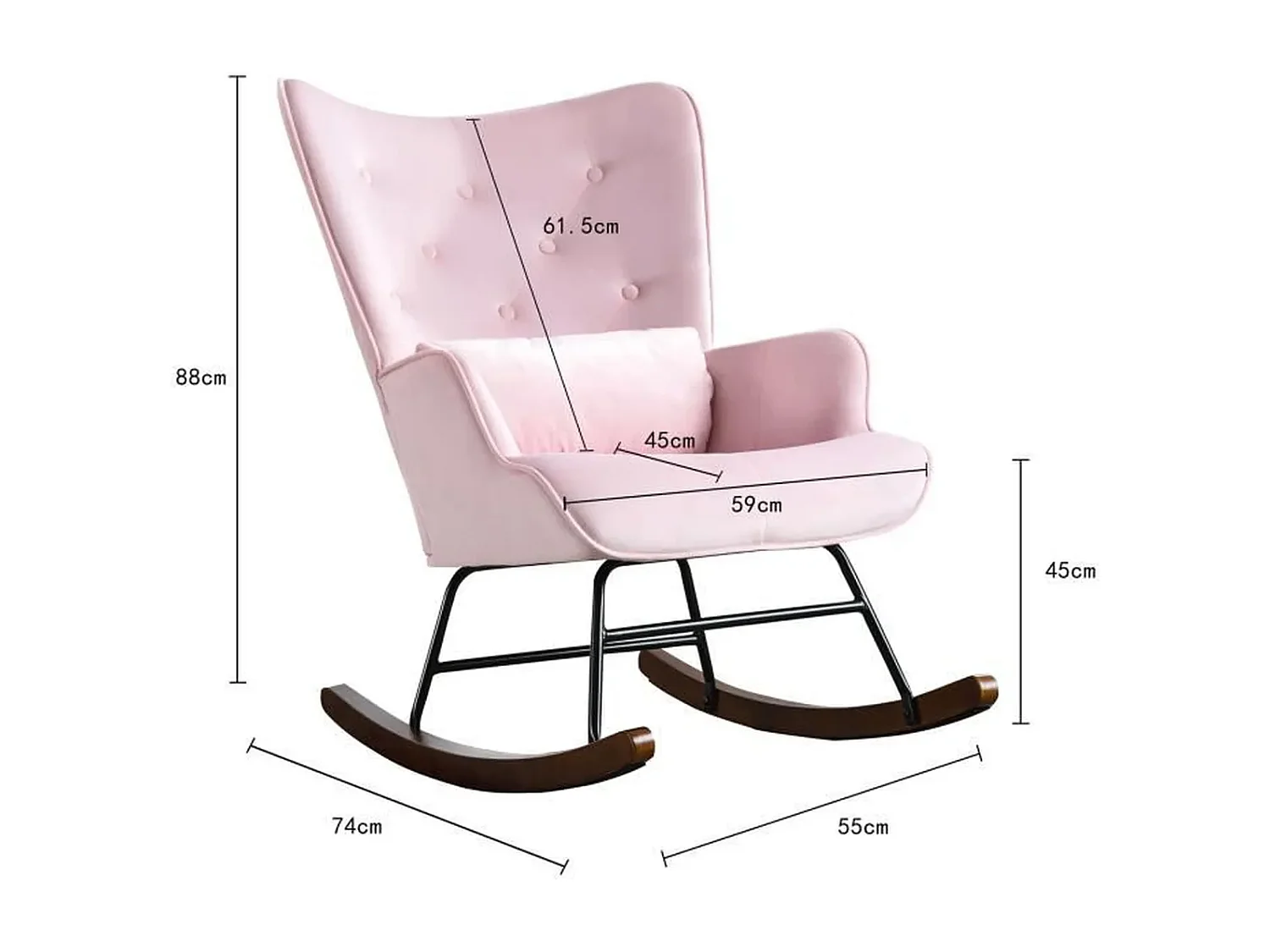 Mecedora moderna tapizada en terciopelo para sala de estar, mecedora con respaldo alto y patas de madera, color rosa