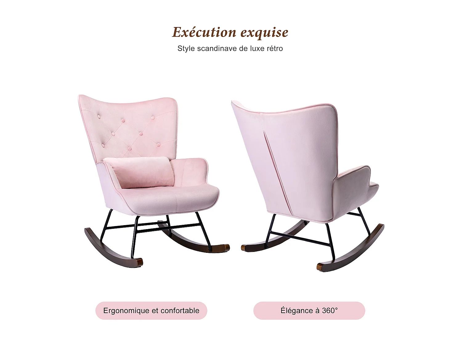 Mecedora moderna tapizada en terciopelo para sala de estar, mecedora con respaldo alto y patas de madera, color rosa
