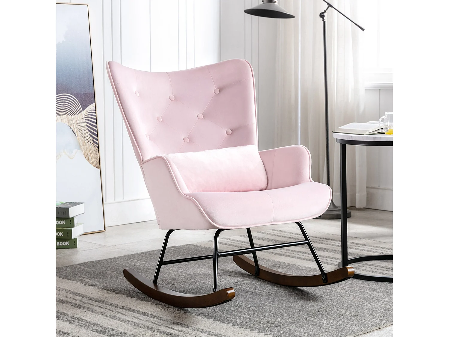 Mecedora moderna tapizada en terciopelo para sala de estar, mecedora con respaldo alto y patas de madera, color rosa