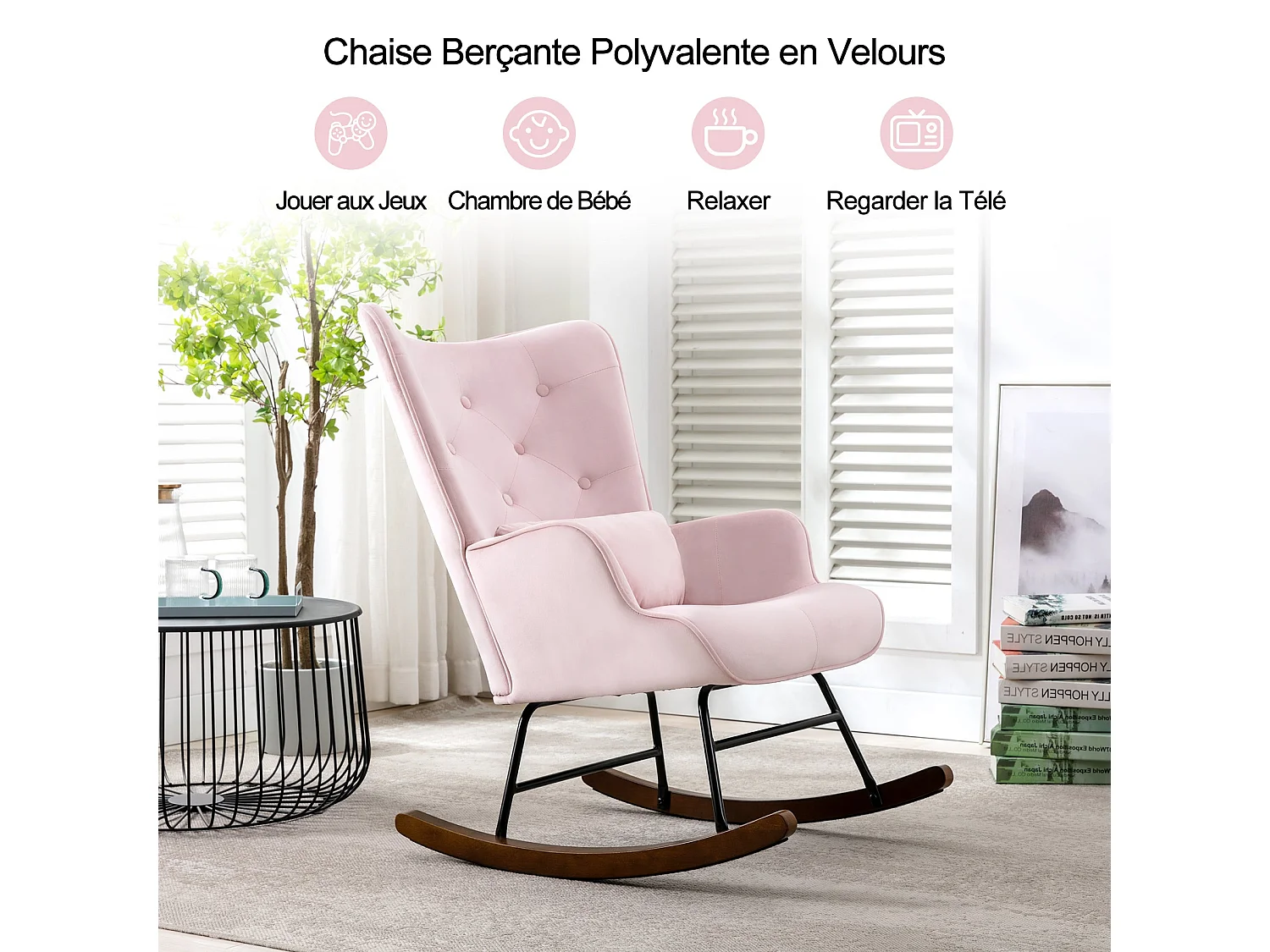 Mecedora moderna tapizada en terciopelo para sala de estar, mecedora con respaldo alto y patas de madera, color rosa