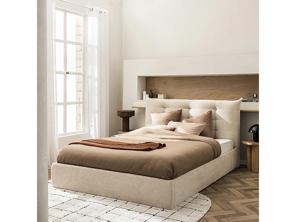 Serenita - Lit coffre en tissu 140x190cm - Écru