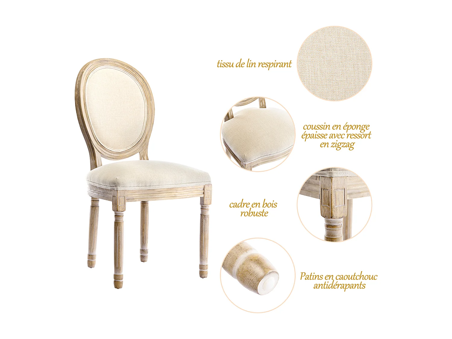 Lot de 2 chaises de salle à manger - Chaise médaillon style Louis XVI en bois massif sculpté et patiné - Tissu lin beige - Style rétro élégant