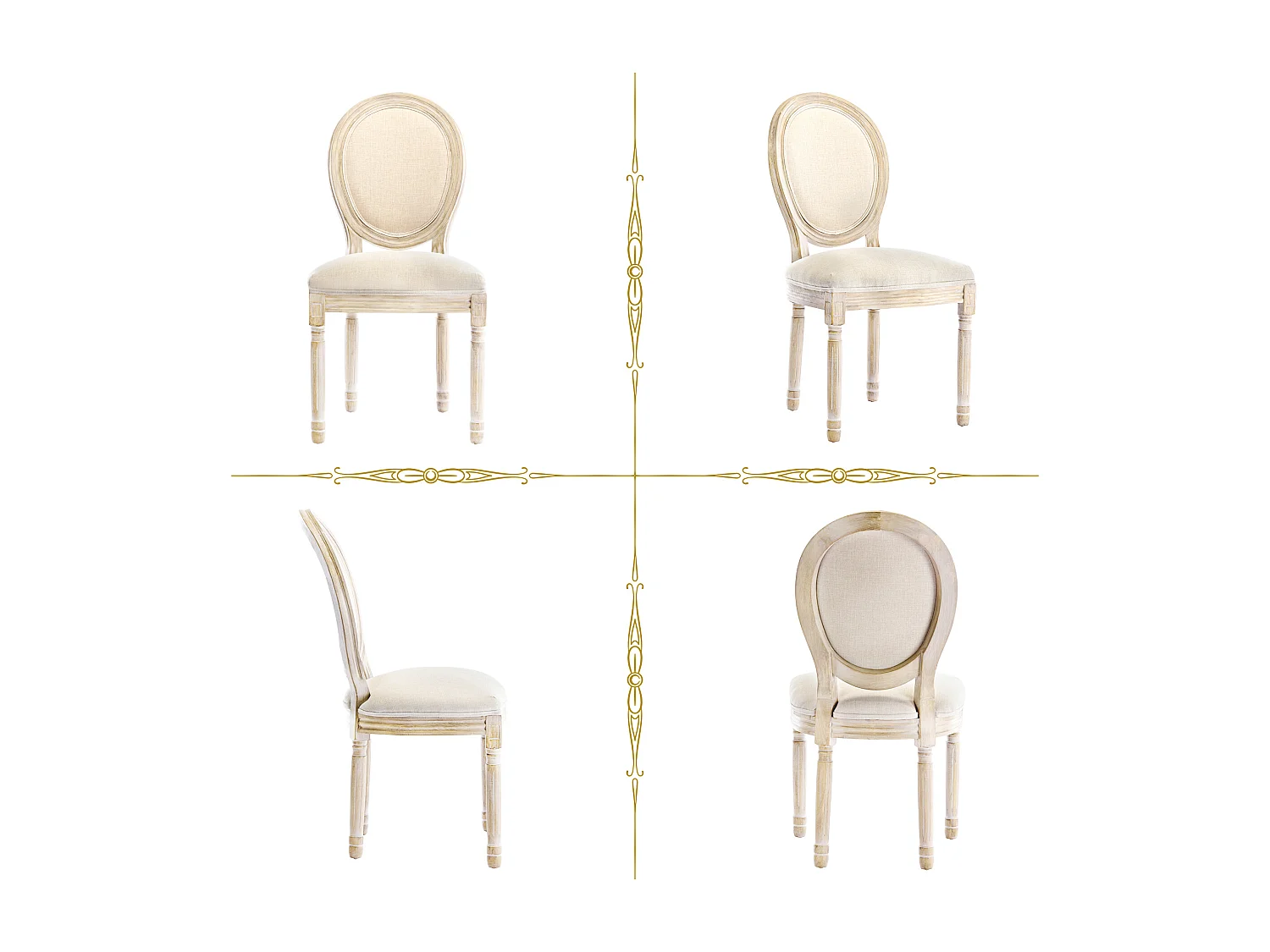 Lot de 2 chaises de salle à manger - Chaise médaillon style Louis XVI en bois massif sculpté et patiné - Tissu lin beige - Style rétro élégant