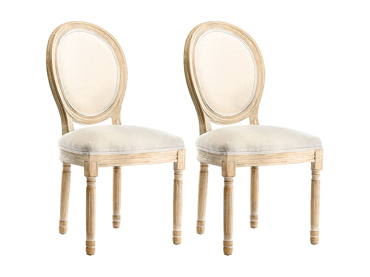 Lot de 2 chaises de salle à manger - Chaise médaillon style Louis XVI en bois massif sculpté et patiné - Tissu lin beige - Style rétro élégant
