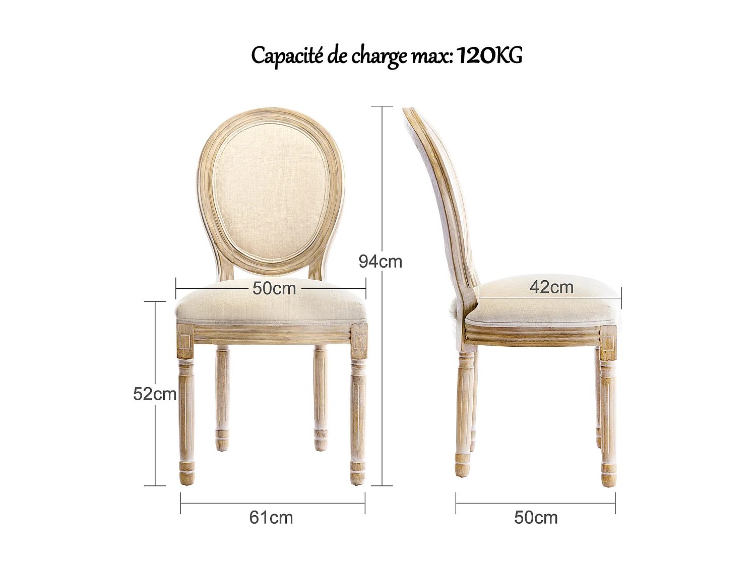 Lot de 2 chaises de salle à manger - Chaise médaillon style Louis XVI en bois massif sculpté et patiné - Tissu lin beige - Style rétro élégant