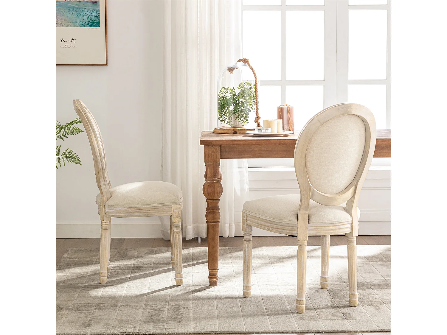 Lot de 2 chaises de salle à manger - Chaise médaillon style Louis XVI en bois massif sculpté et patiné - Tissu lin beige - Style rétro élégant