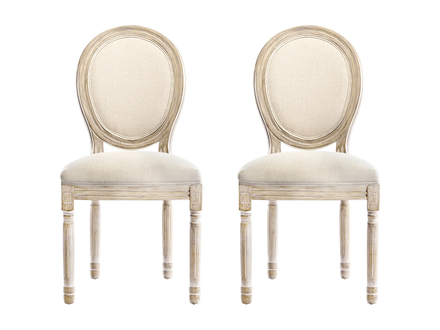 Lot de 2 chaises de salle à manger - Chaise médaillon style Louis XVI en bois massif sculpté et patiné - Tissu lin beige - Style rétro élégant