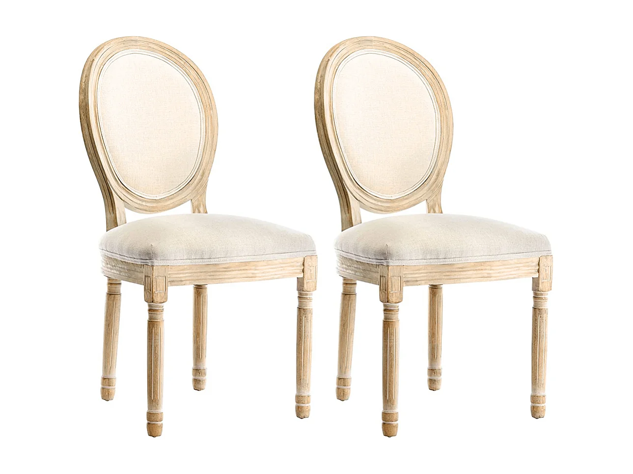 Lot de 2 chaises de salle à manger - Chaise médaillon style Louis XVI en bois massif sculpté et patiné - Tissu lin beige - Style rétro élégant