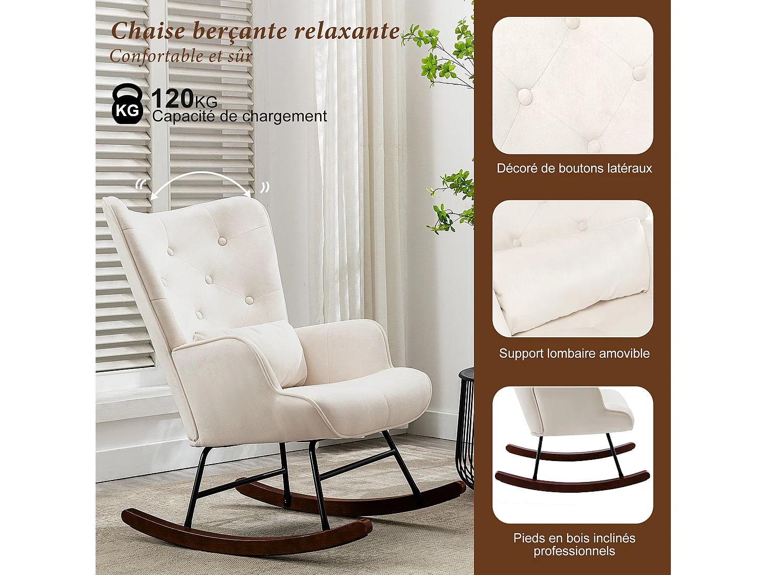 Mecedora moderna tapizada en terciopelo para sala de estar, con respaldo alto y patas de madera, color beige