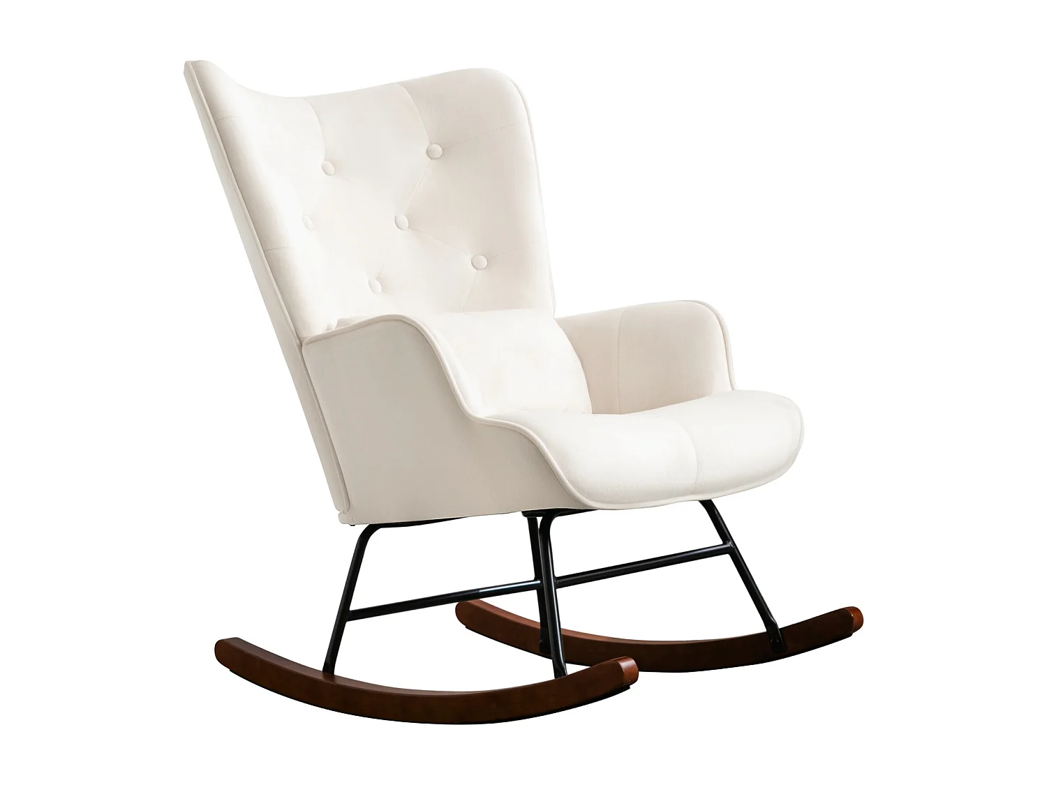 Mecedora moderna tapizada en terciopelo para sala de estar, con respaldo alto y patas de madera, color beige