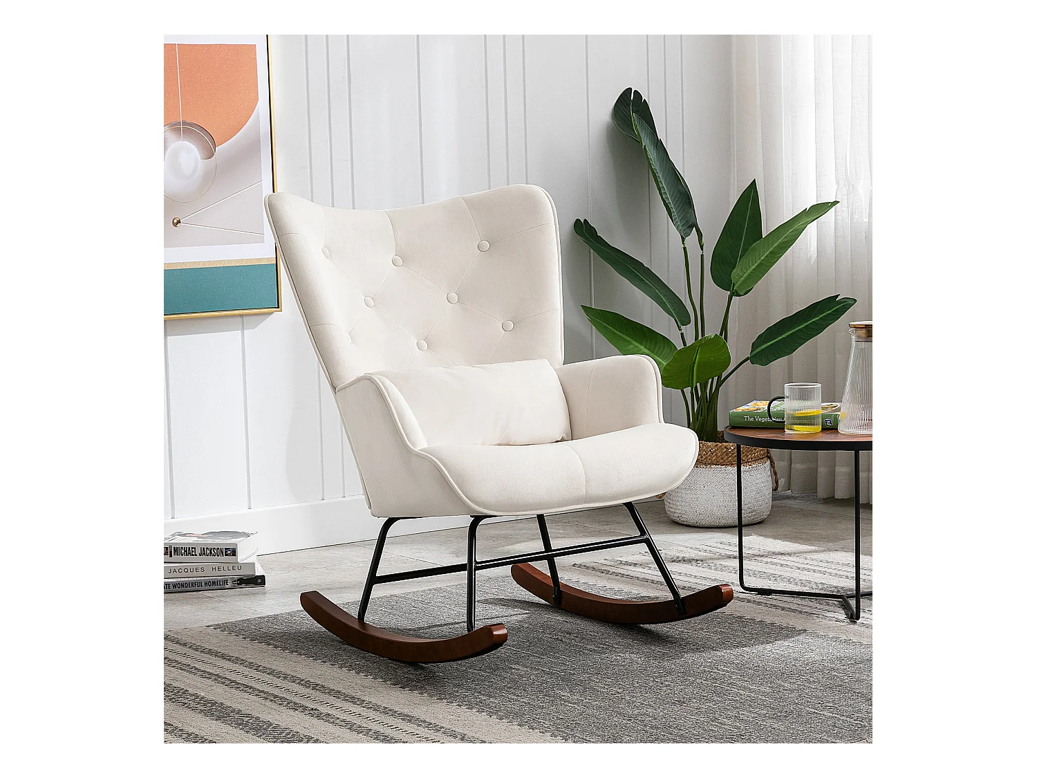 Moderne schommelstoel met fluwelen bekleding voor de woonkamer, schommelstoel met hoge rugleuning en houten poten, beige