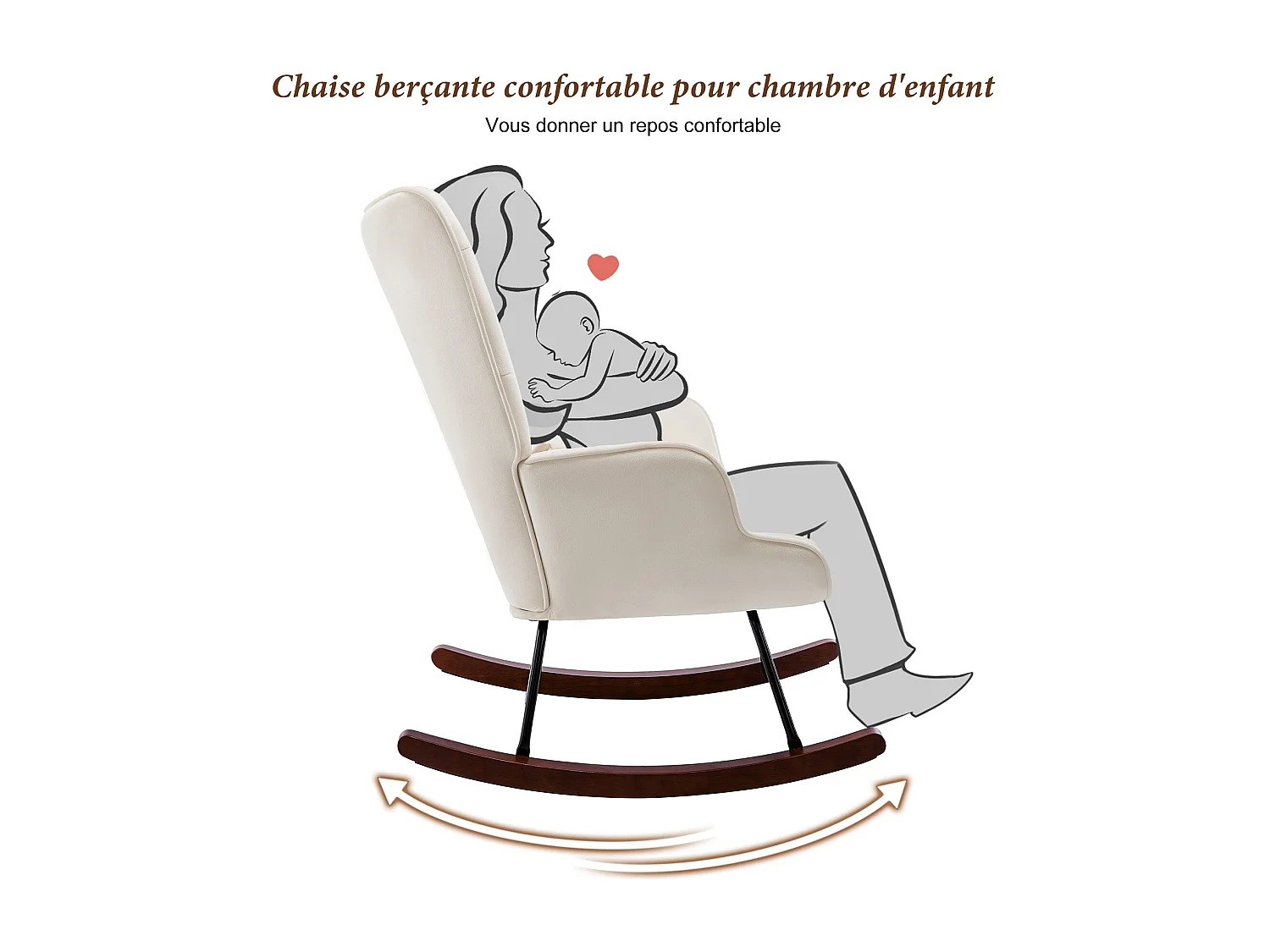 Fauteuil à Bascule  Rembourré en Velours Moderne  pour Salon, Chaise à Bascule à Dossier Haut avec Pieds en Bois, Beige