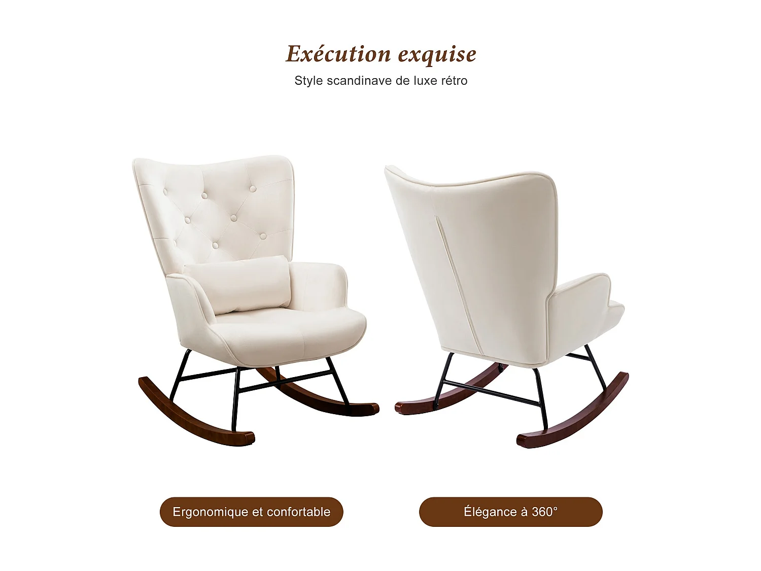 Fauteuil à Bascule  Rembourré en Velours Moderne  pour Salon, Chaise à Bascule à Dossier Haut avec Pieds en Bois, Beige