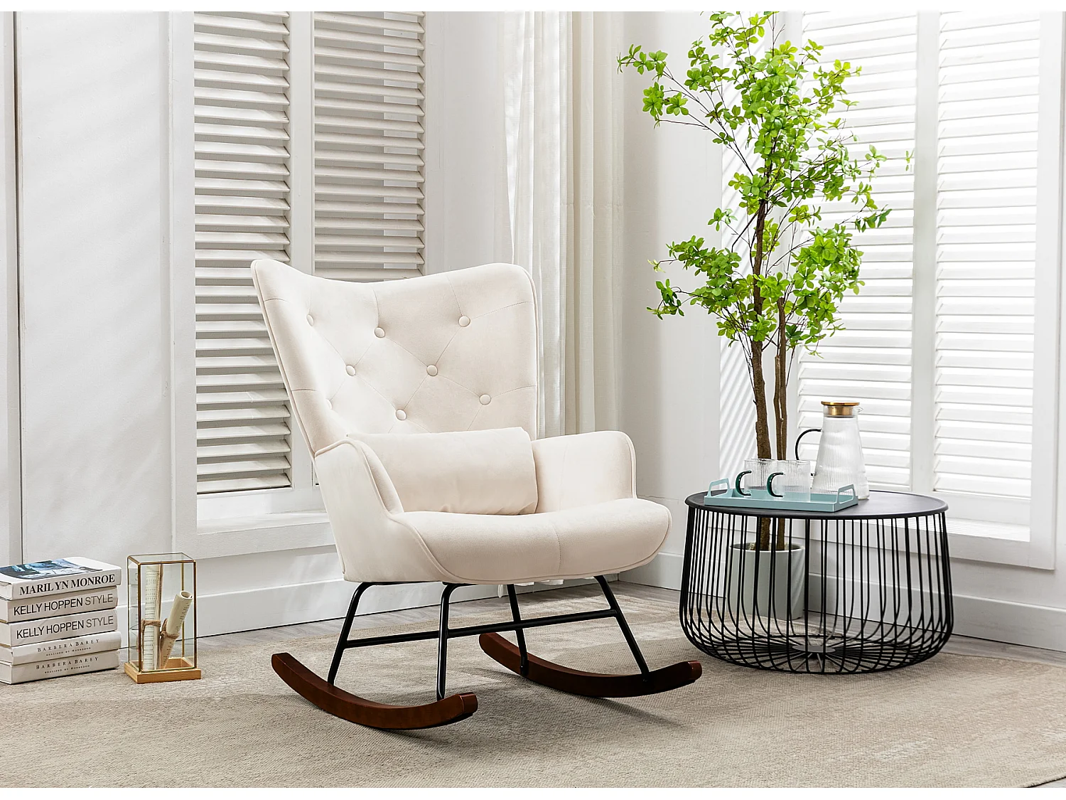 Fauteuil à Bascule  Rembourré en Velours Moderne  pour Salon, Chaise à Bascule à Dossier Haut avec Pieds en Bois, Beige