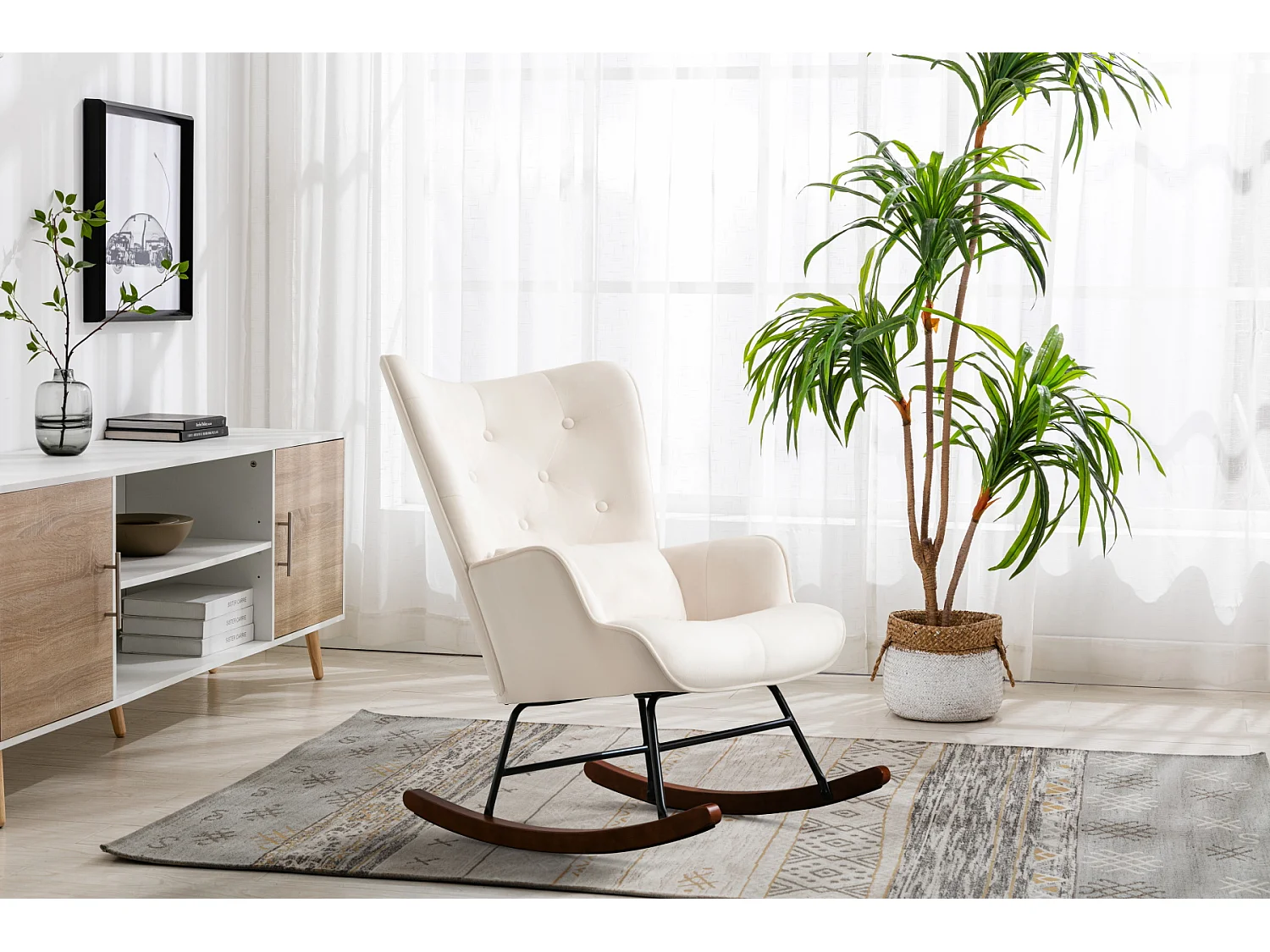 Fauteuil à Bascule  Rembourré en Velours Moderne  pour Salon, Chaise à Bascule à Dossier Haut avec Pieds en Bois, Beige