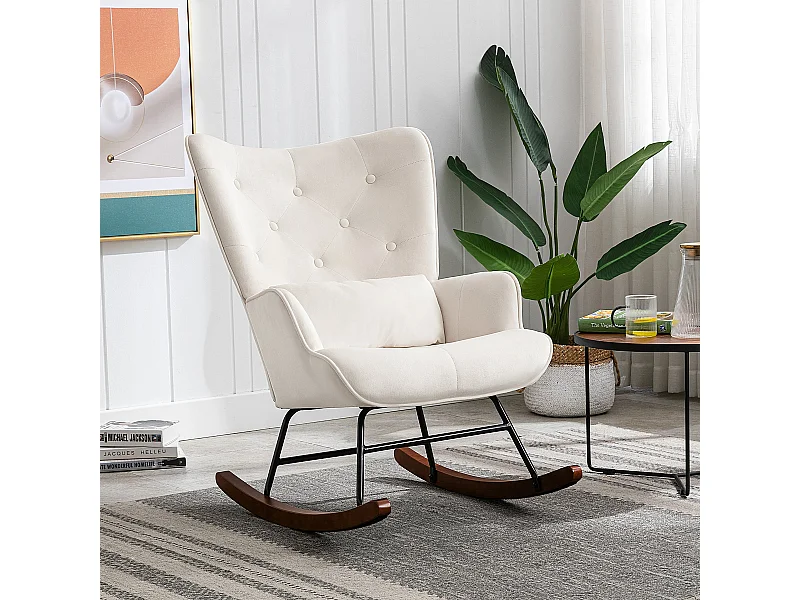 Fauteuil à Bascule  Rembourré en Velours Moderne  pour Salon, Chaise à Bascule à Dossier Haut avec Pieds en Bois, Beige