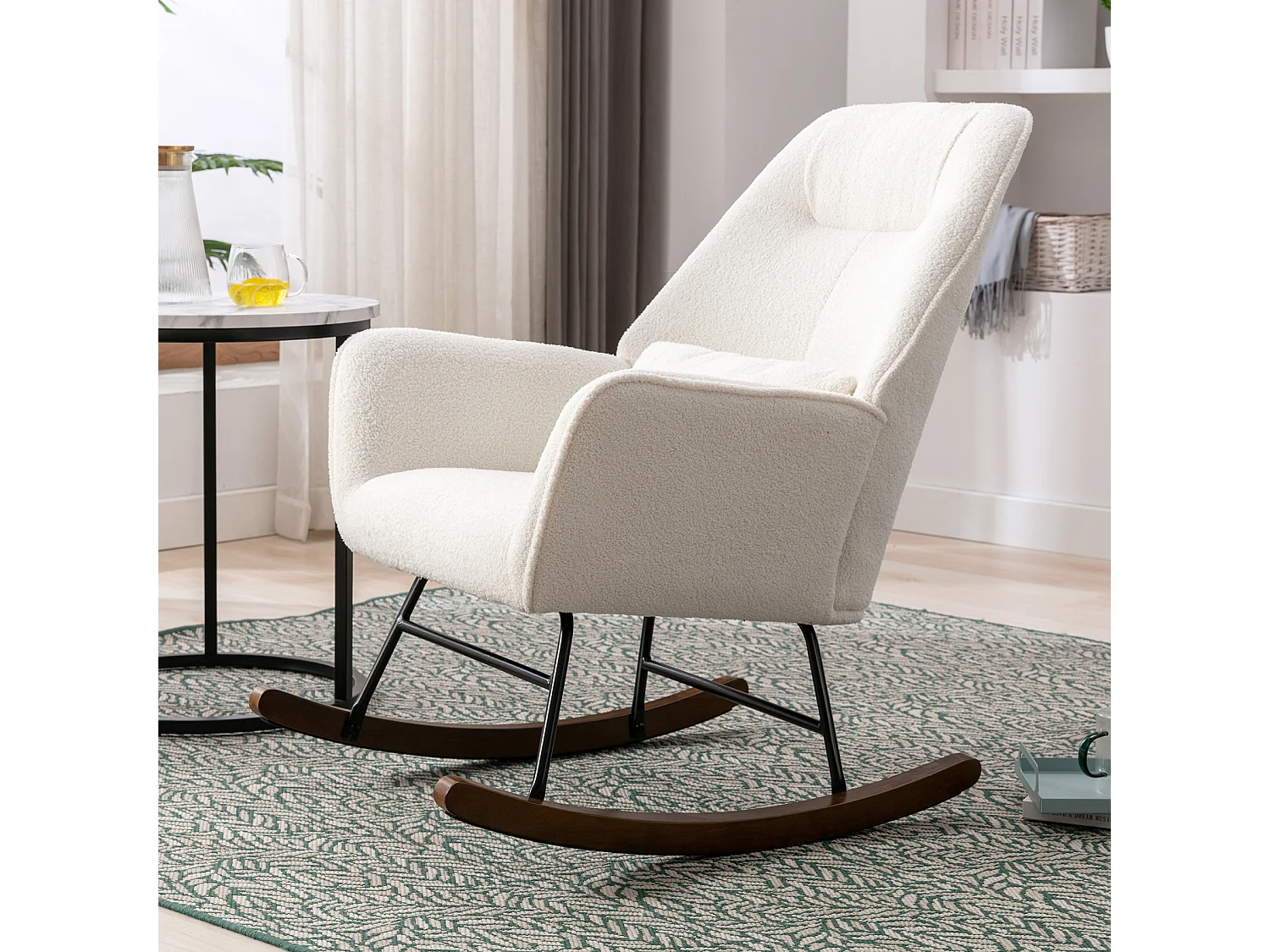 Fauteuil à Bascule en Laine d'agneau Fauteuil en Laine Moderne, Chaise à Bascule Confortable avec Pieds en Bois Massif  Beige