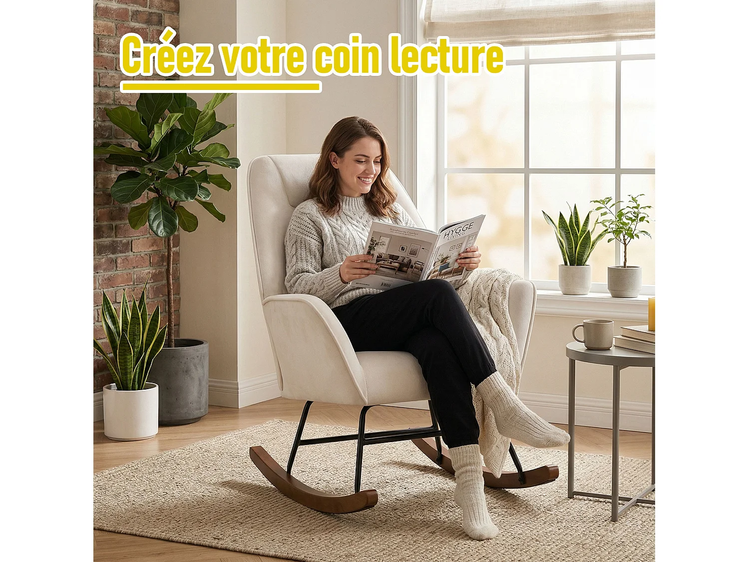 Fauteuil à Bascule en Laine d'agneau Fauteuil en Laine Moderne, Chaise à Bascule Confortable avec Pieds en Bois Massif  Beige
