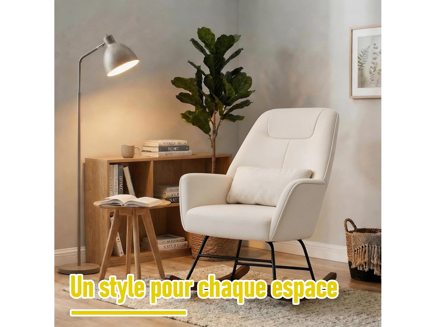 Fauteuil à Bascule en Laine d'agneau Fauteuil en Laine Moderne, Chaise à Bascule Confortable avec Pieds en Bois Massif  Beige