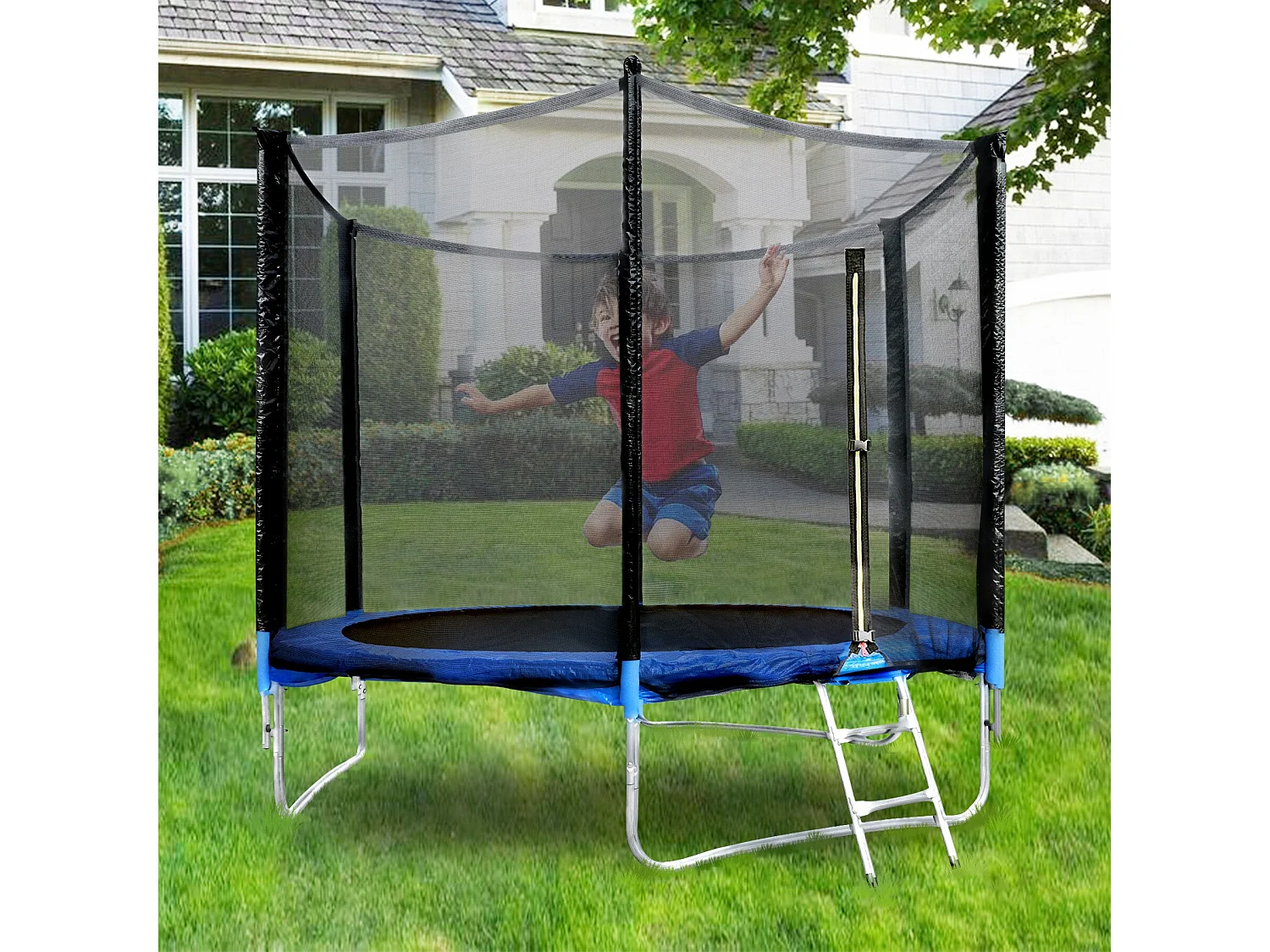 Trampolín de jardín para niños y adultos, juegos al aire libre, 183 cm, negro y azul, con red de seguridad y cubierta protectora.
