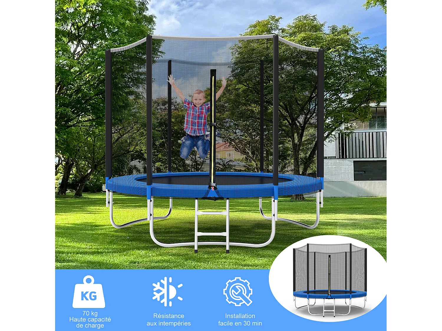 Trampolín de jardín para niños y adultos, juegos al aire libre, 183 cm, negro y azul, con red de seguridad y cubierta protectora.