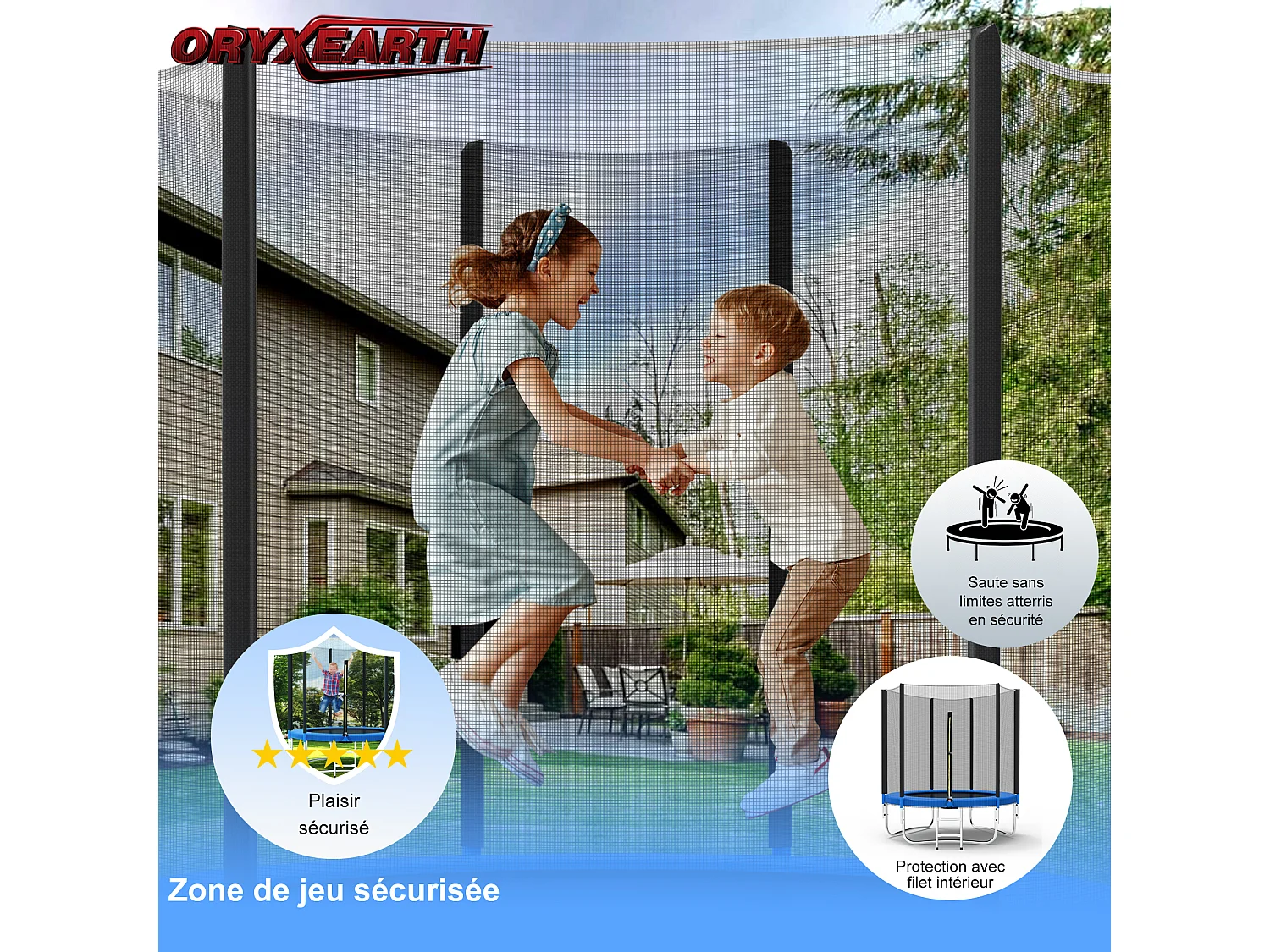 Trampoline de Jardin Enfants et Adultes Jeux d'Extérieur  183 cm Noir et Bleu Avec Filet de sécurité Couverture de protection