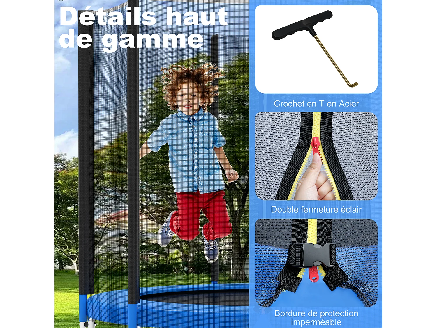Trampoline de Jardin Enfants et Adultes Jeux d'Extérieur  183 cm Noir et Bleu Avec Filet de sécurité Couverture de protection