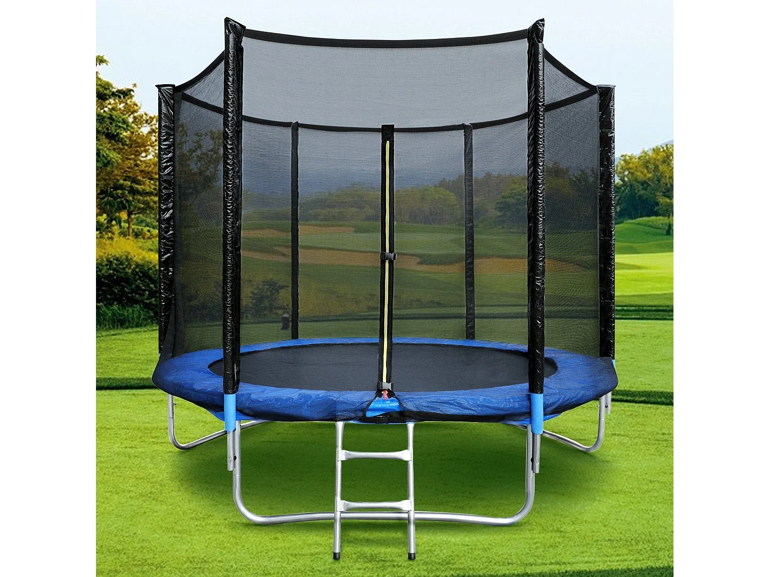 Trampoline de Jardin Enfants et Adultes Jeux d'Extérieur 244 cm Noir et Bleu Avec Filet de sécurité Couverture de protection