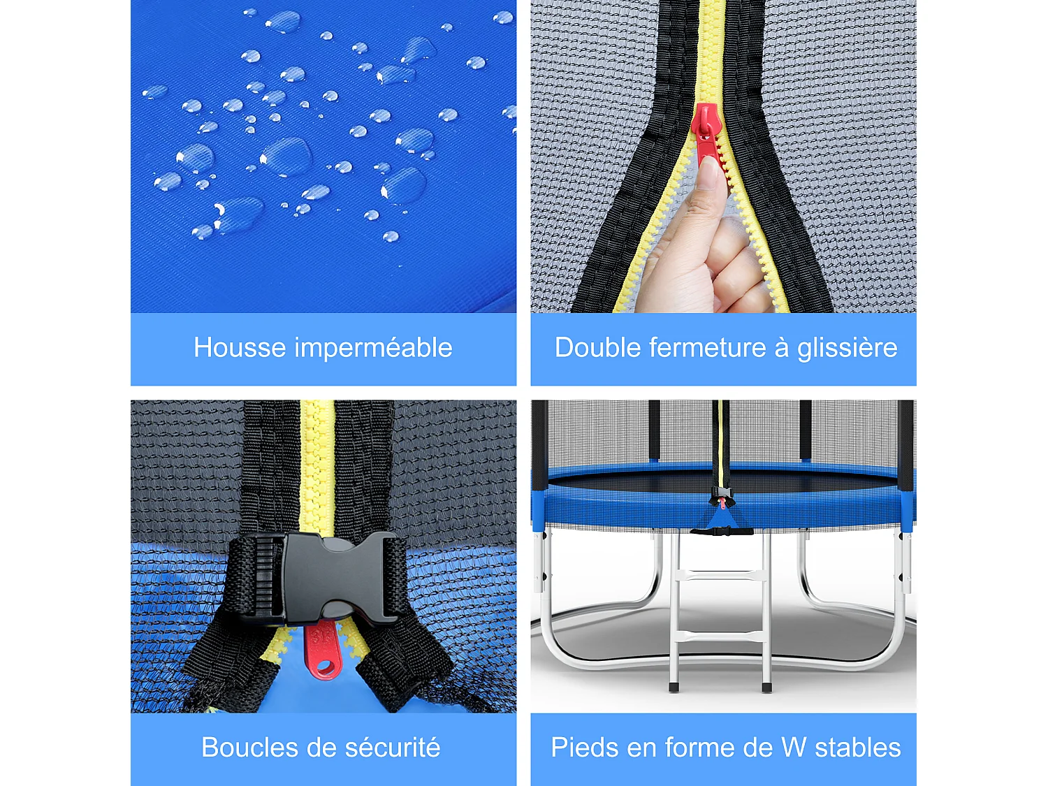 Trampoline de Jardin Enfants et Adultes Jeux d'Extérieur 244 cm Noir et Bleu Avec Filet de sécurité Couverture de protection