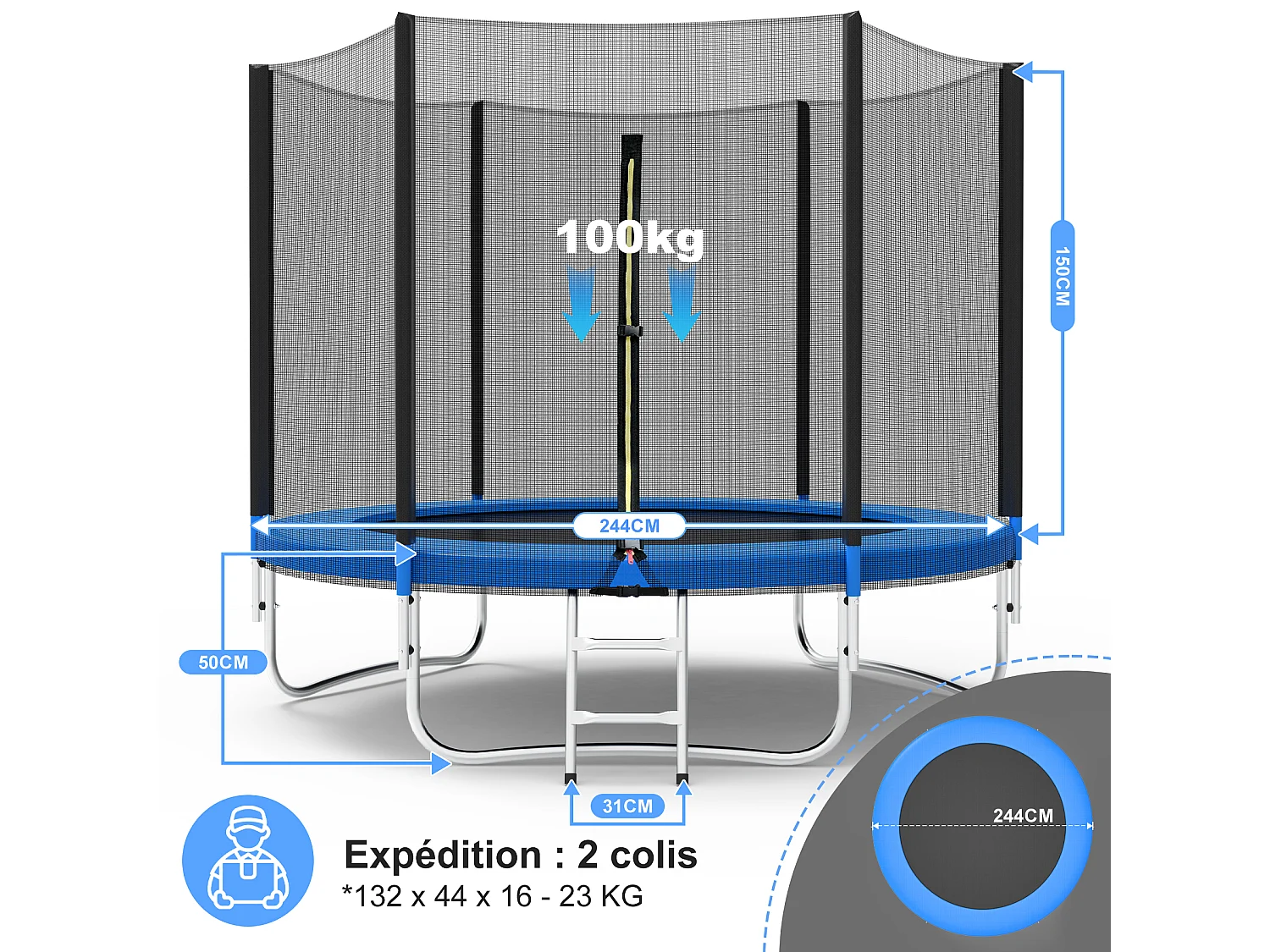 Trampoline de Jardin Enfants et Adultes Jeux d'Extérieur 244 cm Noir et Bleu Avec Filet de sécurité Couverture de protection