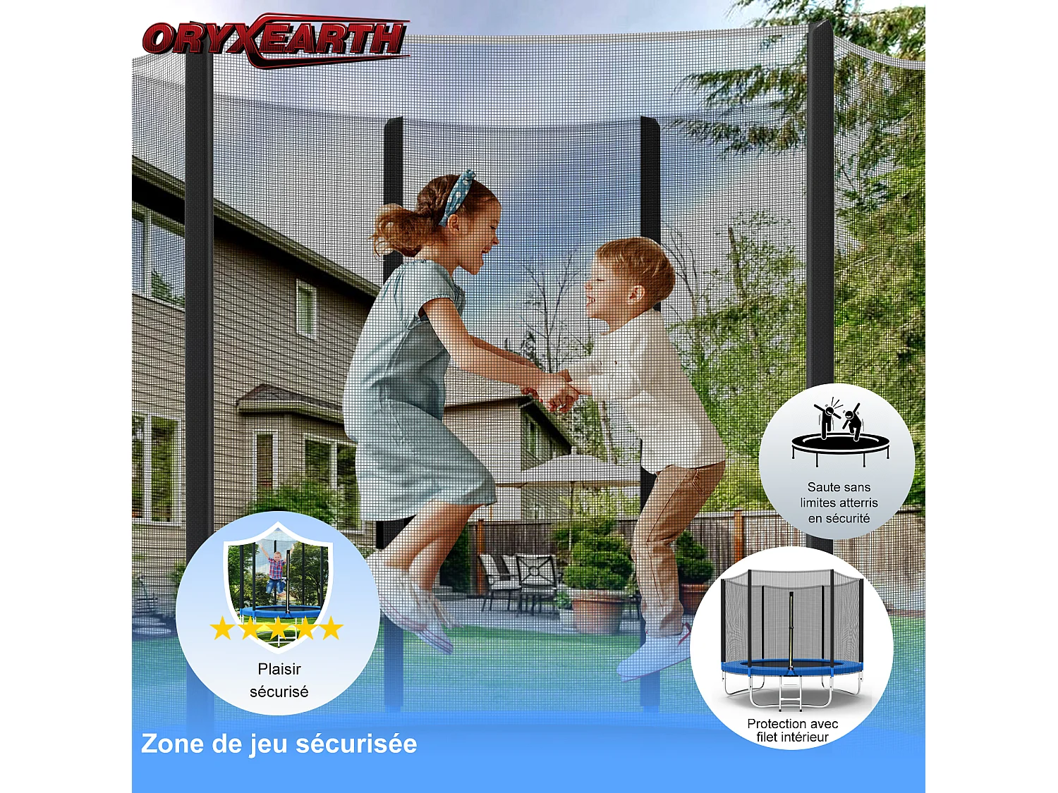 Trampoline de Jardin Enfants et Adultes Jeux d'Extérieur 244 cm Noir et Bleu Avec Filet de sécurité Couverture de protection