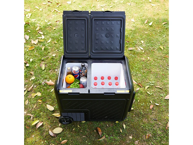 Glacière électrique double zone pour voiture, 45 L, 12 V, 240 V, portable, avec roulettes, noire