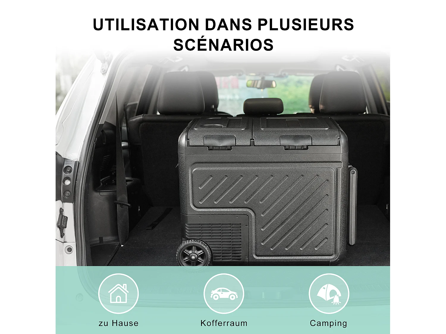 Glacière électrique double zone pour voiture, 45 L, 12 V, 240 V, portable, avec roulettes, noire