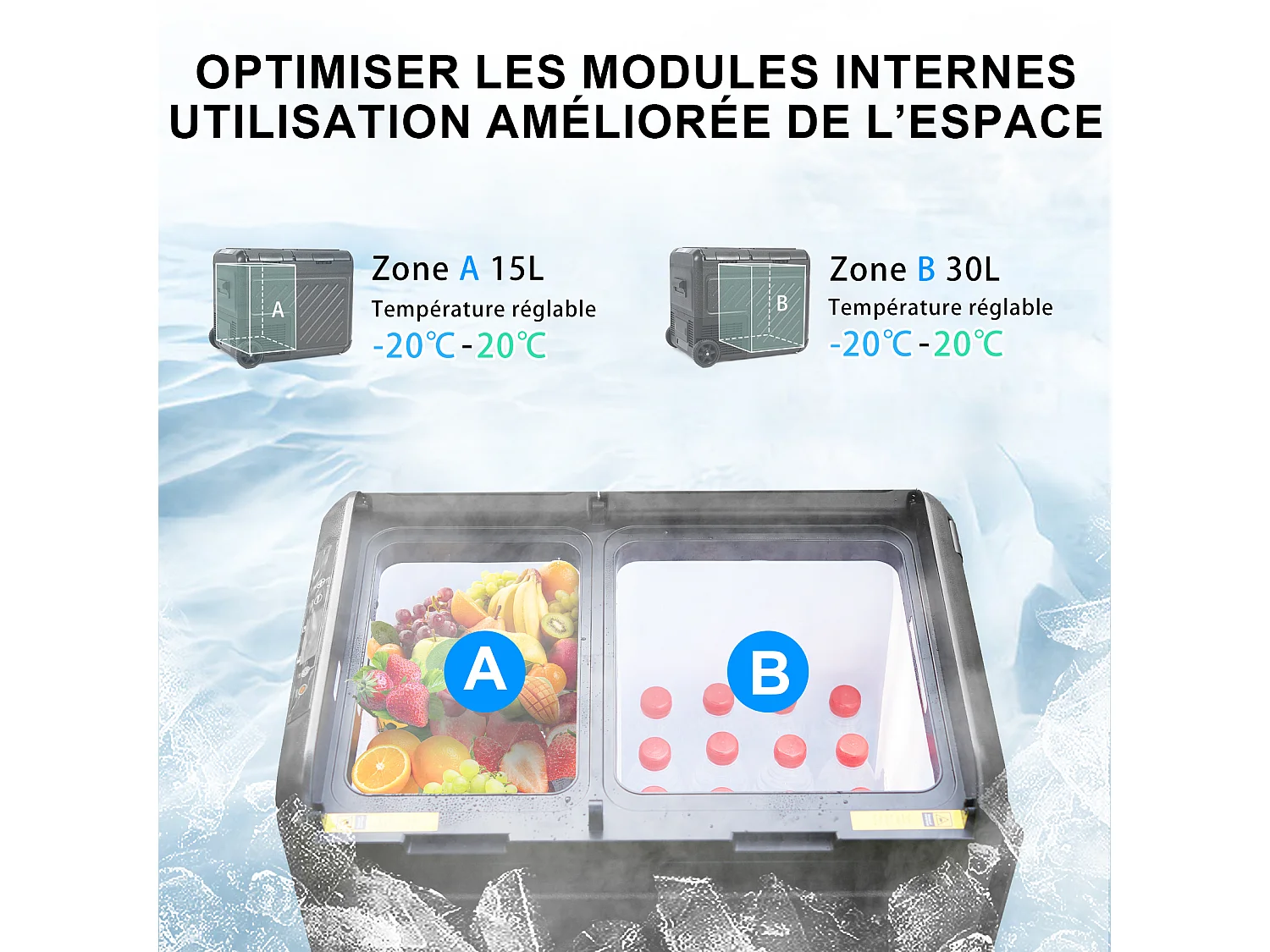 Glacière électrique double zone pour voiture, 45 L, 12 V, 240 V, portable, avec roulettes, noire