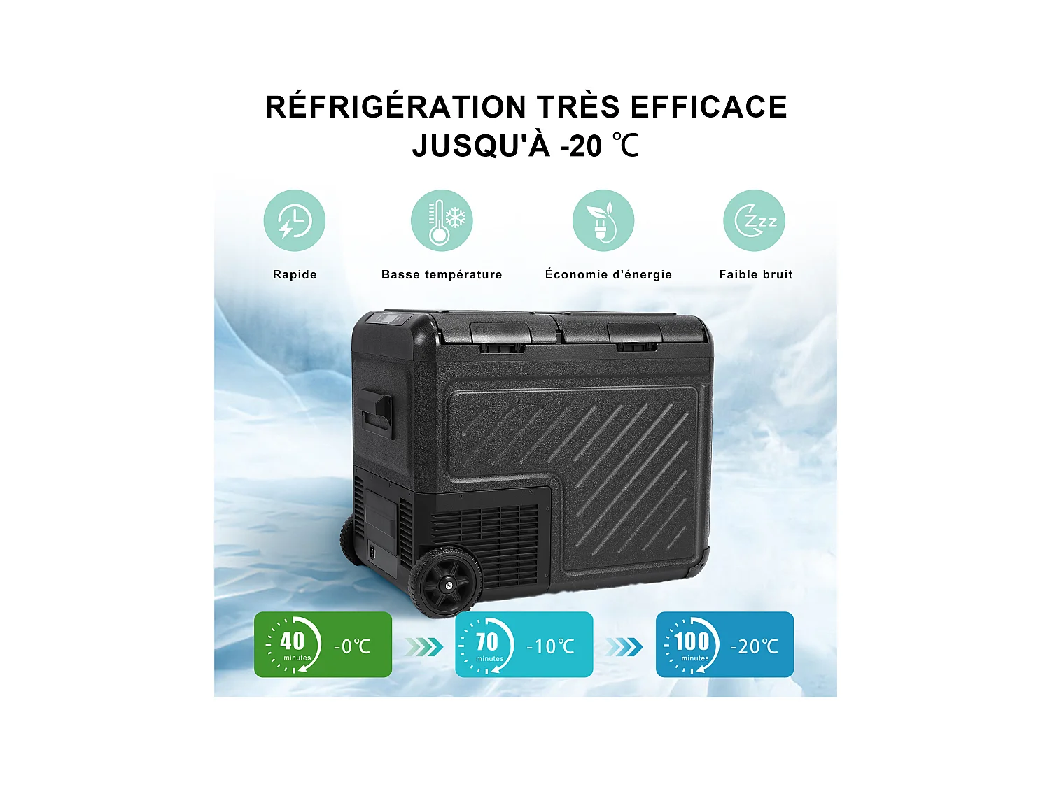 Glacière électrique double zone pour voiture, 45 L, 12 V, 240 V, portable, avec roulettes, noire