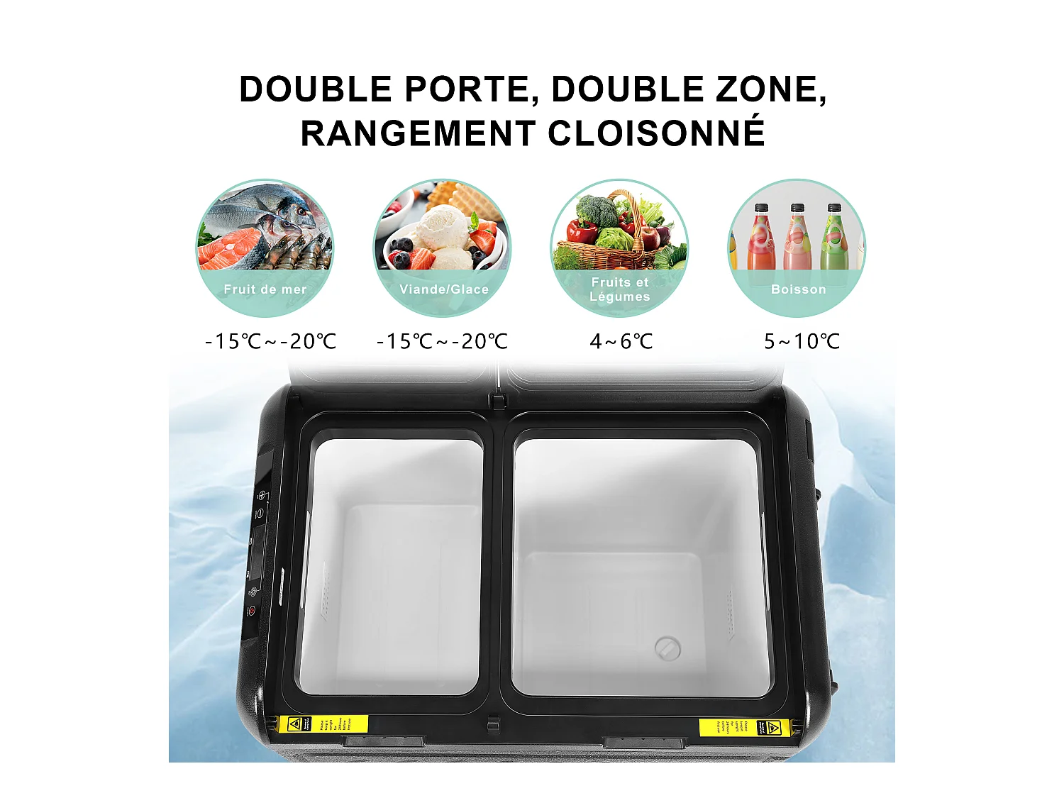 Glacière électrique double zone pour voiture, 45 L, 12 V, 240 V, portable, avec roulettes, noire