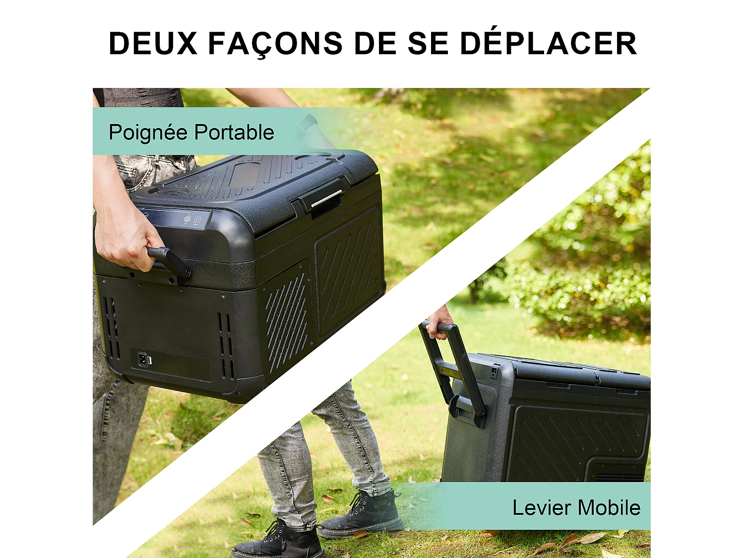 Glacière électrique double zone pour voiture, 45 L, 12 V, 240 V, portable, avec roulettes, noire