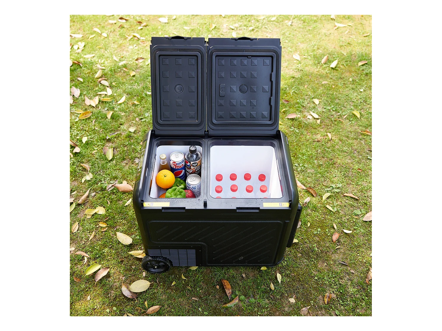 Glacière électrique double zone pour voiture, 45 L, 12 V, 240 V, portable, avec roulettes, noire