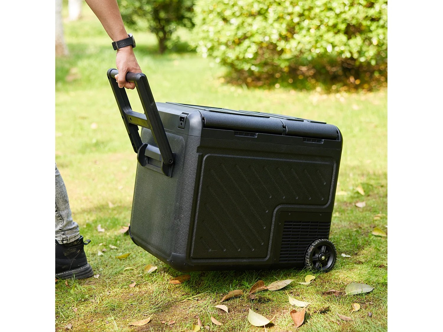 Glacière électrique double zone pour voiture, 45 L, 12 V, 240 V, portable, avec roulettes, noire