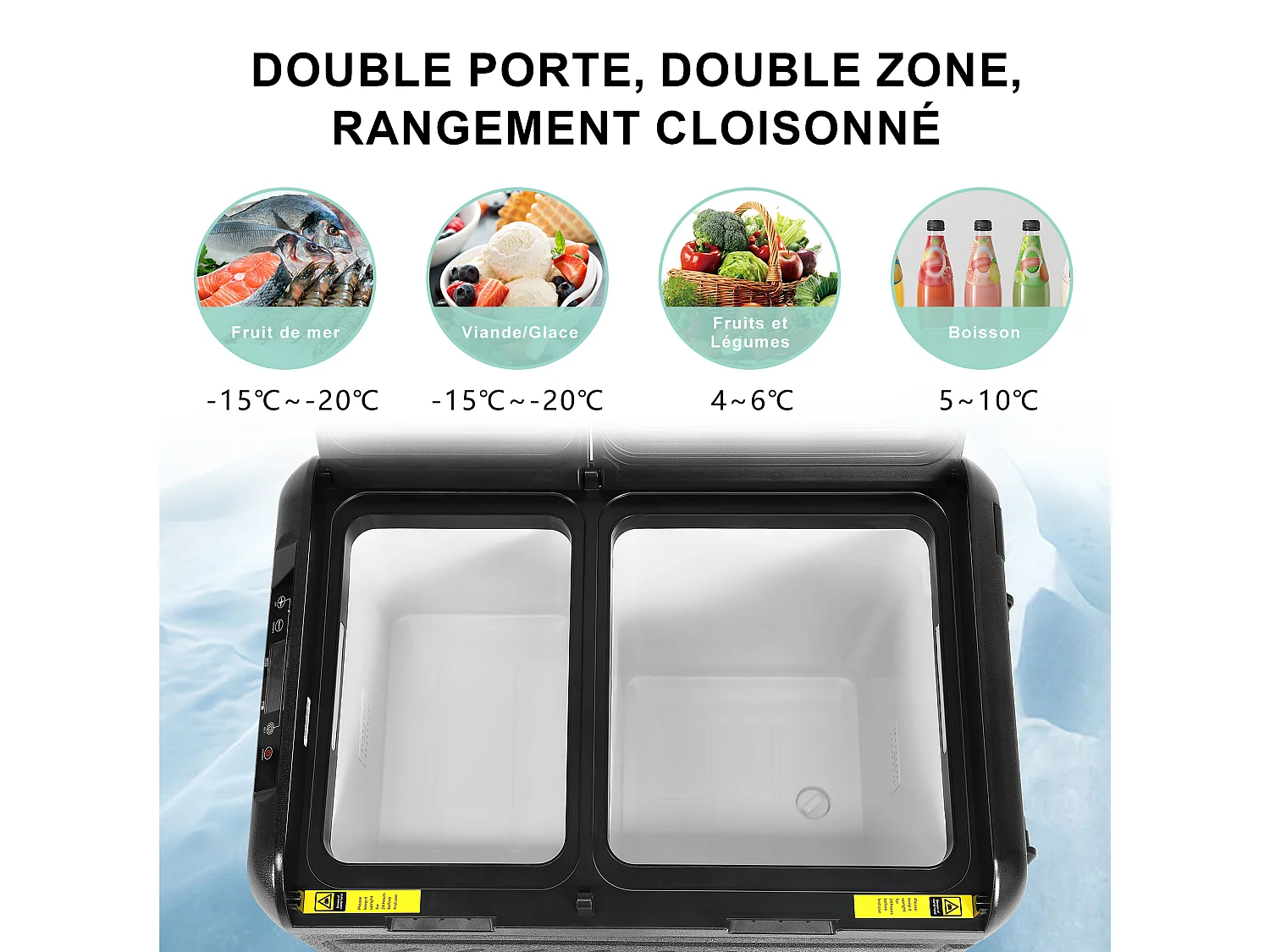 Glacière électrique double zone pour voiture, 45 L, 12 V, 240 V, portable, avec roulettes, noire
