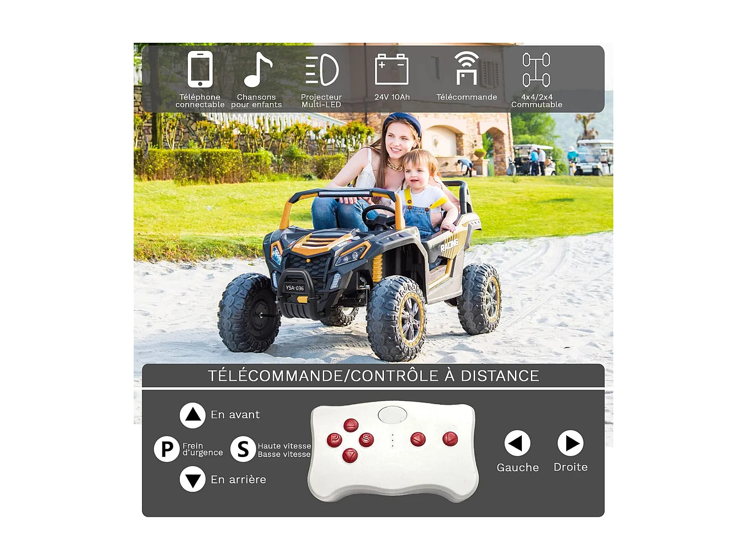 24V 6-wiel elektrische kinderpick-up, 4WD, afstandsbediening, Bluetooth, veiligheidsgordel, achteruitcamera, opbergruimte. Donkerzwart