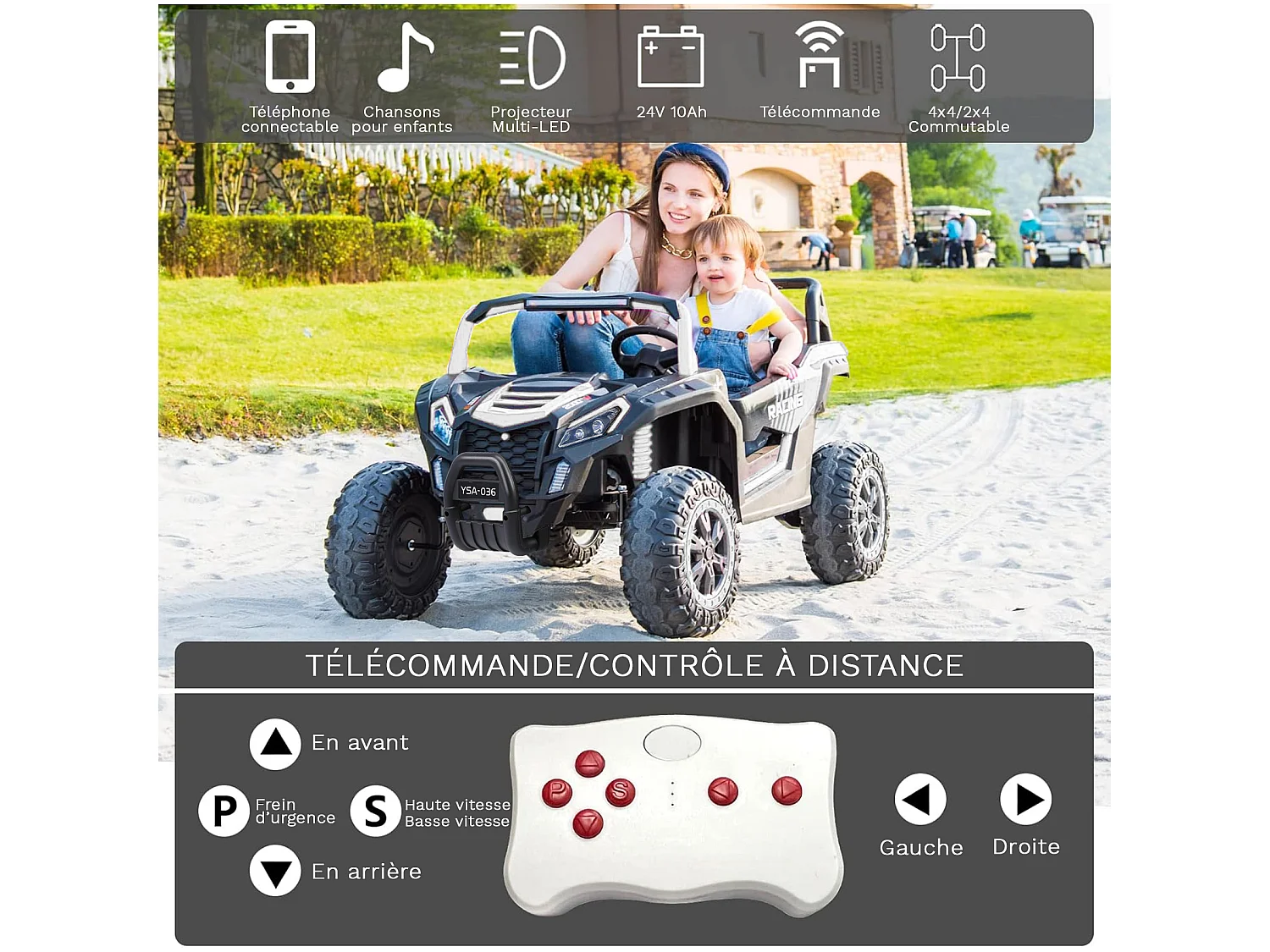 24V elektrische 6-wieler kinderpick-up, 4WD, afstandsbediening, Bluetooth, veiligheidsgordel, achteruitrijcamera. Donkerzwart