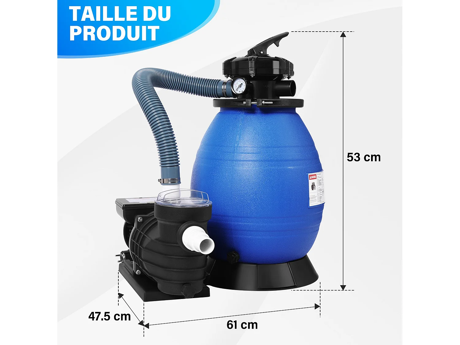 Pompe Filtre à Sable, Pompe pour filtration pour piscine, Puissance 400W, 11 000 l/h, Bleu et Noir