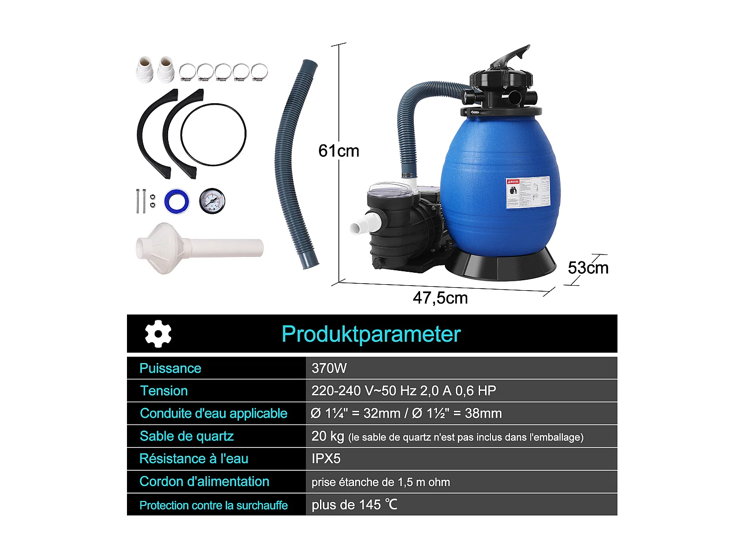 Pompe Filtre à Sable, Pompe pour filtration pour piscine, Puissance 400W, 11 000 l/h, Bleu et Noir