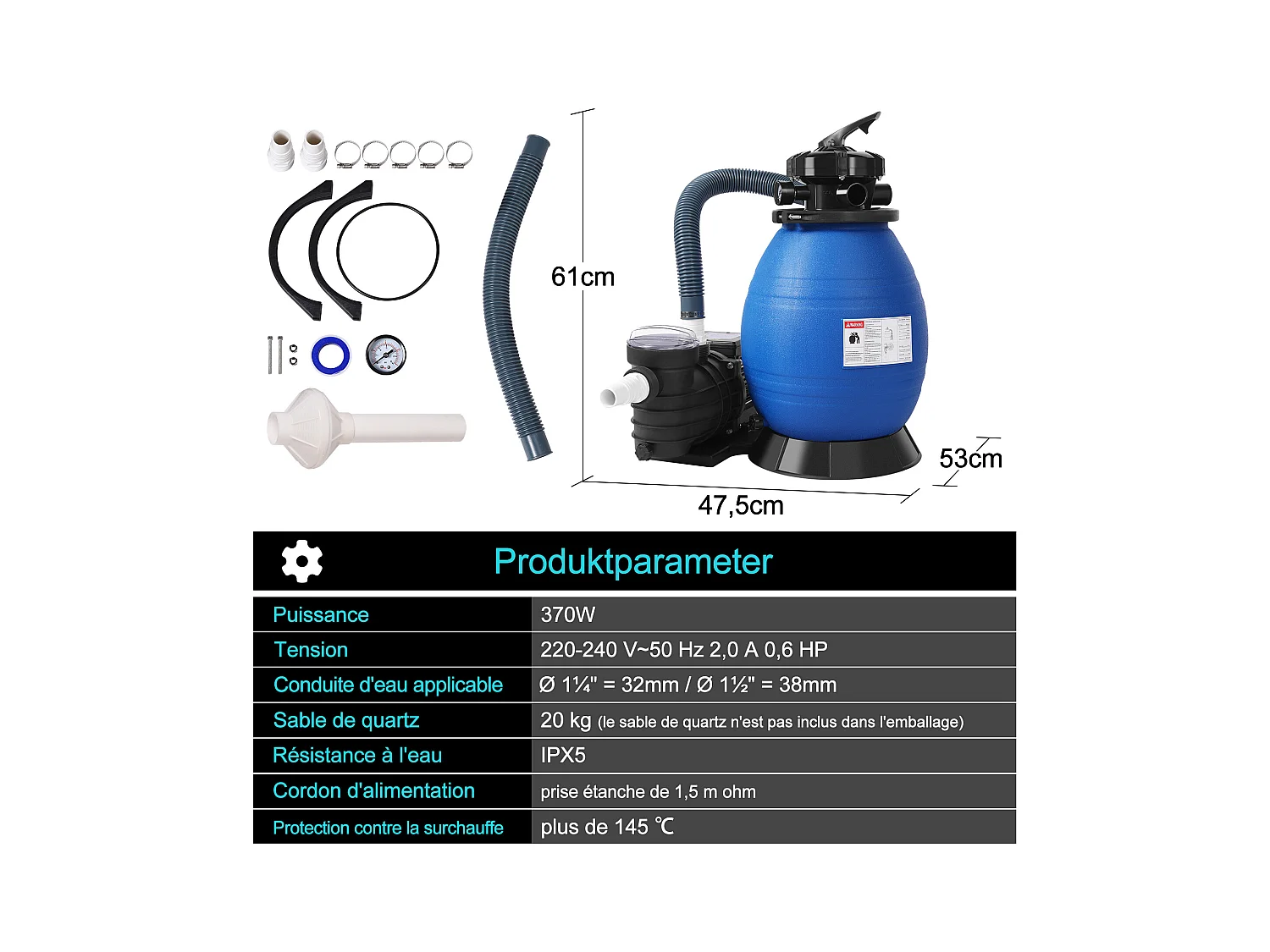 Pompe Filtre à Sable, Pompe pour filtration pour piscine, Puissance 400W, 11 000 l/h, Bleu et Noir