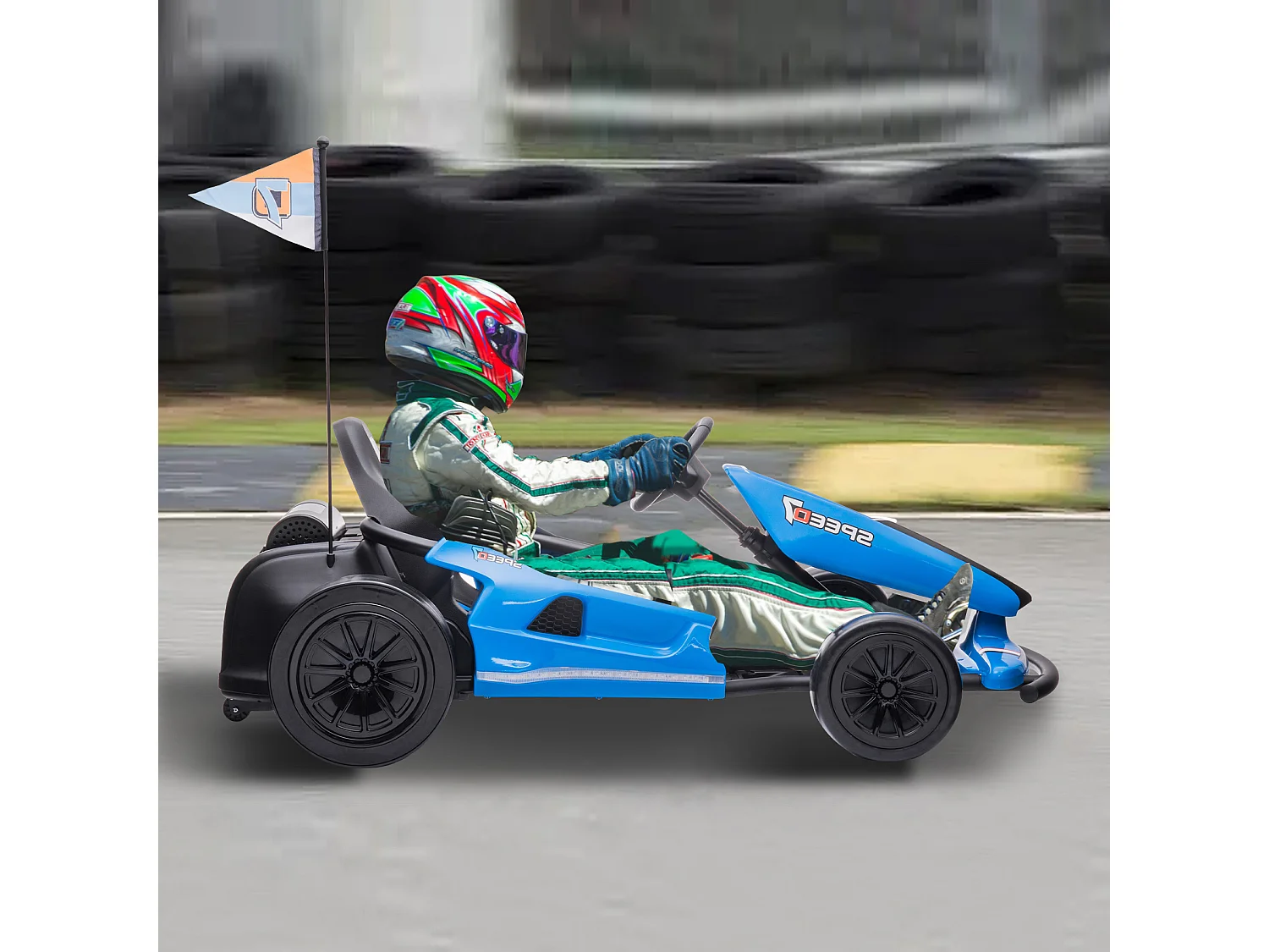 HOMEMiYN Kart électrique de drift 24V 13 km/h avec démarrage progressif, musique, klaxon, ceinture de sécurité pour enfants de 8 à 12 ans, (Bleu).