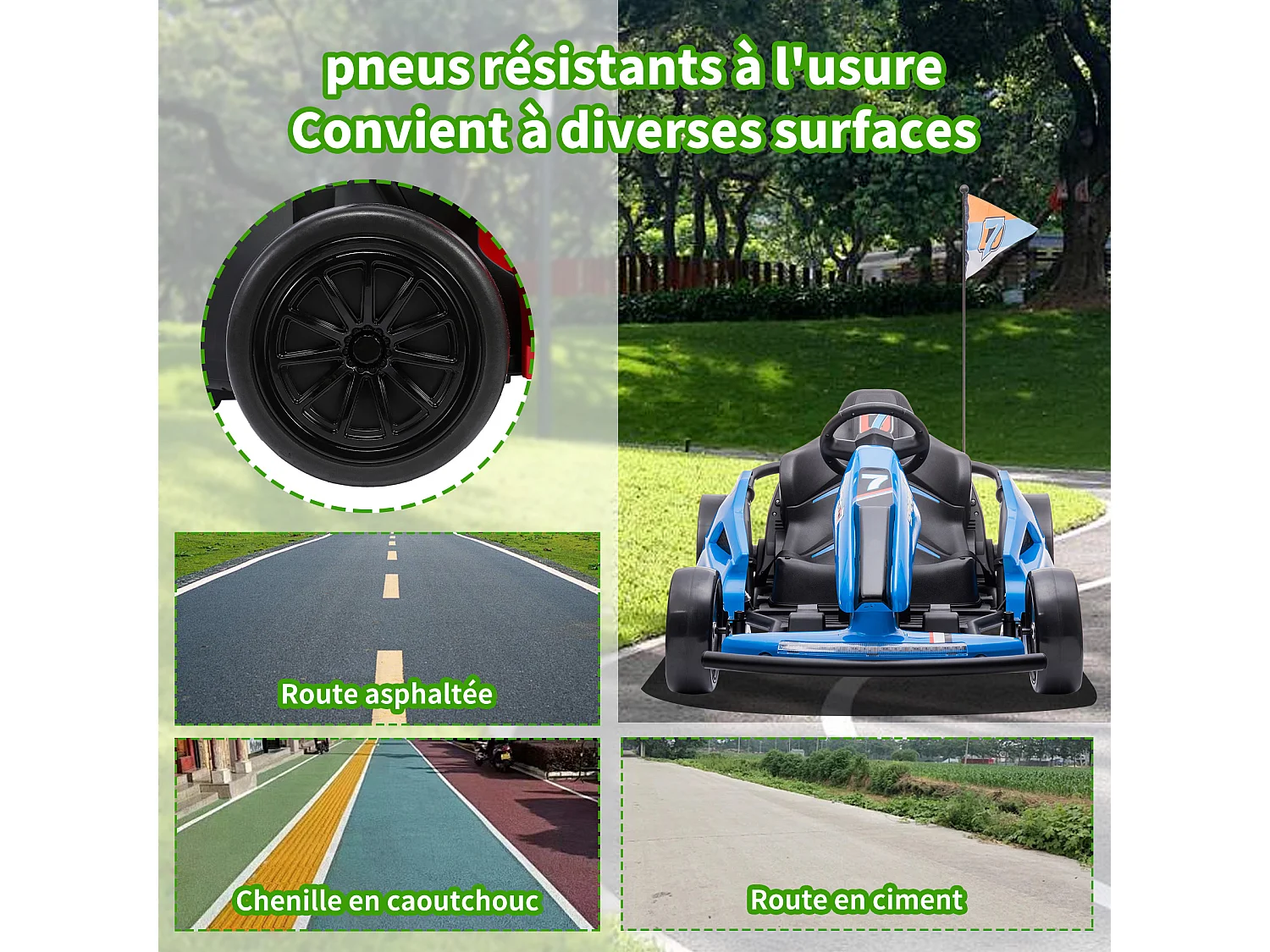 HOMEMiYN Kart électrique de drift 24V 13 km/h avec démarrage progressif, musique, klaxon, ceinture de sécurité pour enfants de 8 à 12 ans, (Bleu).