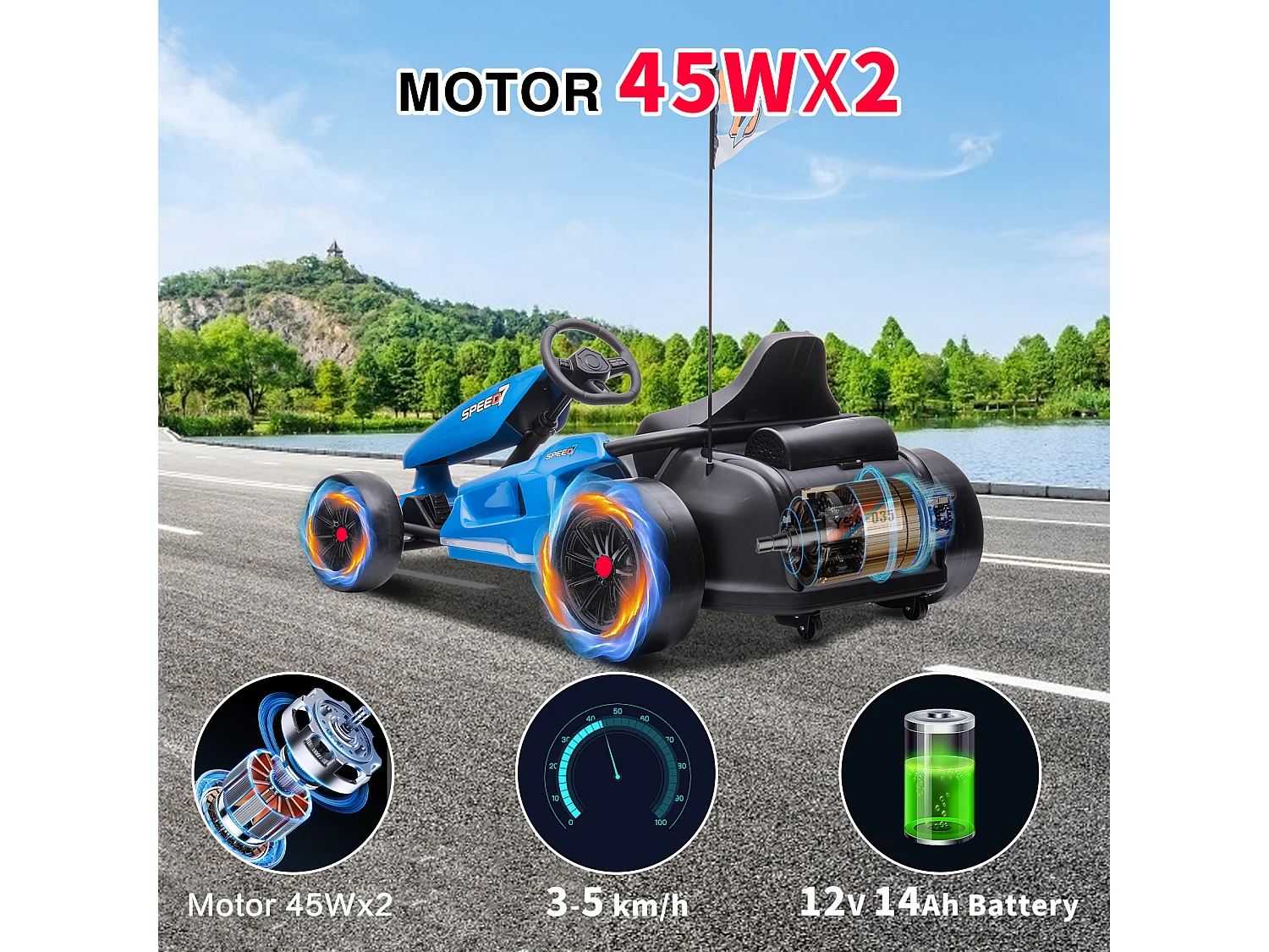 HOMEMiYN Kart électrique de drift 24V 13 km/h avec démarrage progressif, musique, klaxon, ceinture de sécurité pour enfants de 8 à 12 ans, (Bleu).