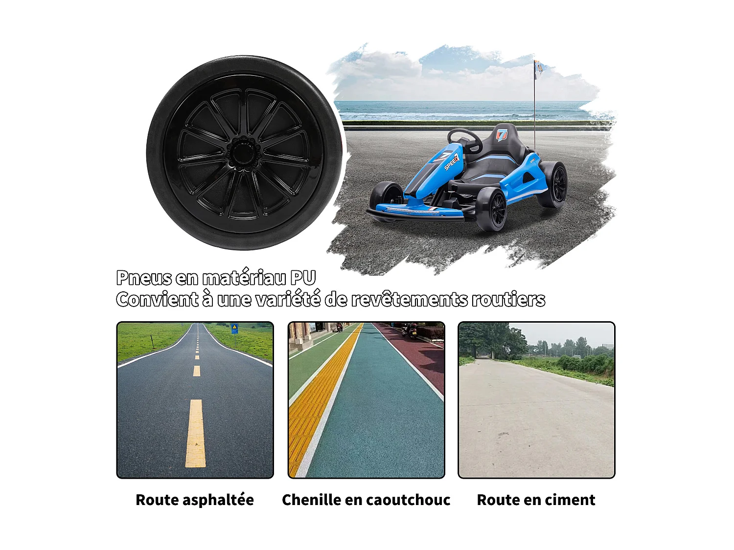 HOMEMiYN Kart électrique de drift 24V 13 km/h avec démarrage progressif, musique, klaxon, ceinture de sécurité pour enfants de 8 à 12 ans, (Bleu).