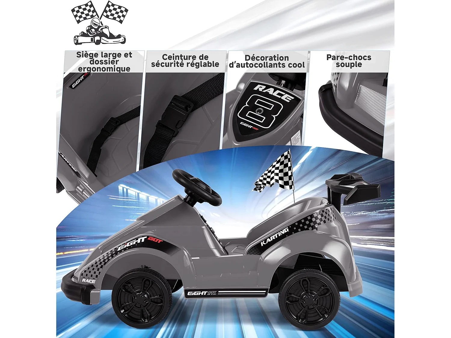 Kart à pédales voiture pour enfants - HOMEMiYN- Gris - 6V - Electrique - 4 roues